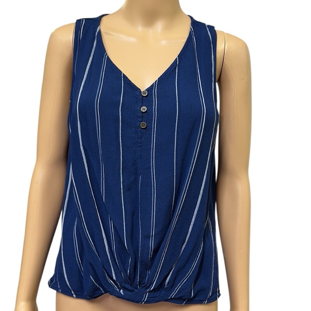 a.n.a Blue Rayon V Neck Sleeveless Striped Twist Front Tank Blouse Womens Large